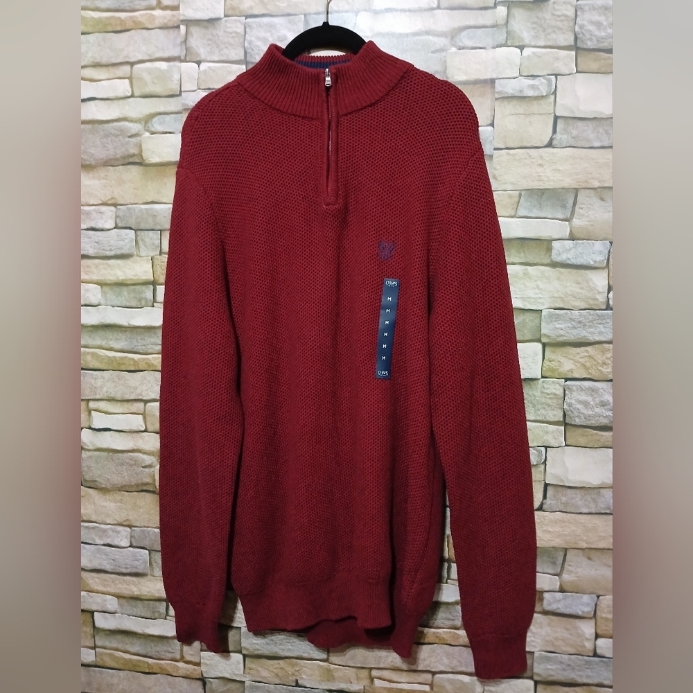 Chaps Red Navy Knit Pullover Chunky Sweater Men Quarter Zip‎ Cottagecore